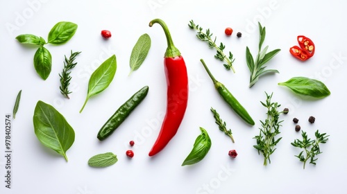 14. Top view of a chili pepper and mixed herbs, arranged in a balanced composition on a white background, showcasing their natural beauty and culinary appeal