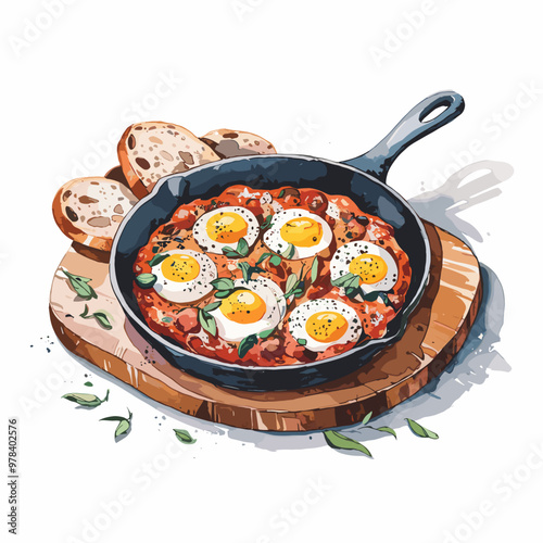 Watercolor Illustration of Shakshuka in a Cast Iron Skillet