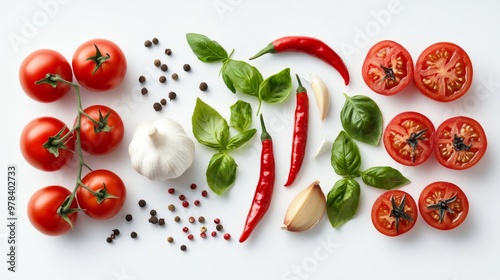 17. High-angle shot of a visually appealing arrangement of fresh tomatoes, basil, spices, chili peppers, onions, and garlic, all placed on a clean white surface photo