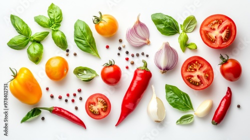 18. Detailed flat lay of a colorful assortment of tomatoes, basil, chili peppers, onions, and garlic, creatively composed on a white background, ideal for a vegan diet concept