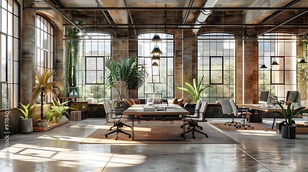 Modern office space with large windows and greenery for a productive environment. Modern office space with large windows and greenery for a productive environment.