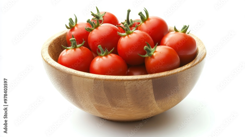 31. Fresh red cherry tomatoes, some halved, arranged in a wooden bowl, isolated on a white background, highlighting their vibrant color and juicy texture 31. Fresh red cherry tomatoes, some halved, arranged in a wooden bowl, isolated on a white background, highlighting their vibrant color and juicy texture