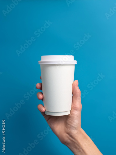 A product mockup in a hand holding a cup, with a white space in it for branding or logo placement, simple blue color background, no text, high quality
