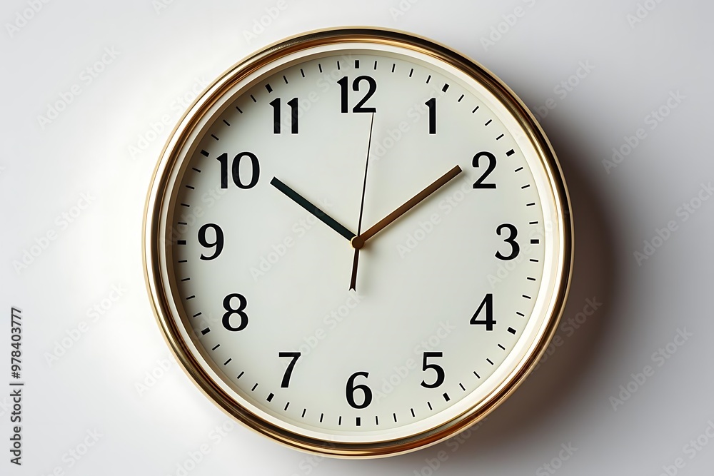 A round wall clock displaying the time with a simple design. A round wall clock displaying the time with a simple design.