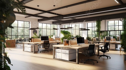 Modern office interior with plants and workstations for productivity.