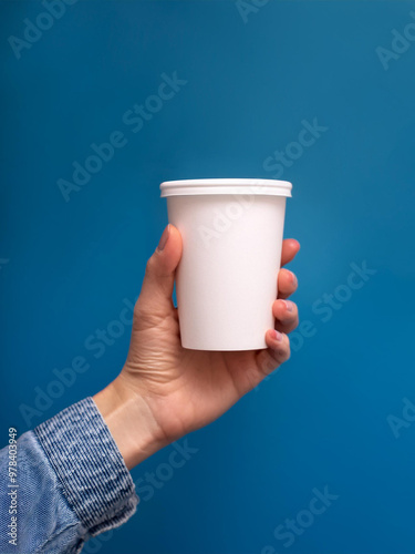 A product mockup in a hand holding a cup, with a white space in it for branding or logo placement, simple blue color background, no text, high quality