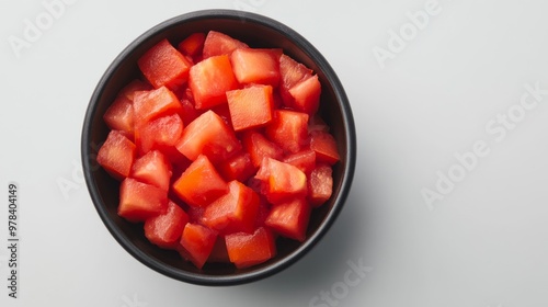 39. Flat lay composition of diced tomatoes in a bowl, isolated on a white background, highlighting their fresh, juicy texture and rich red color photo