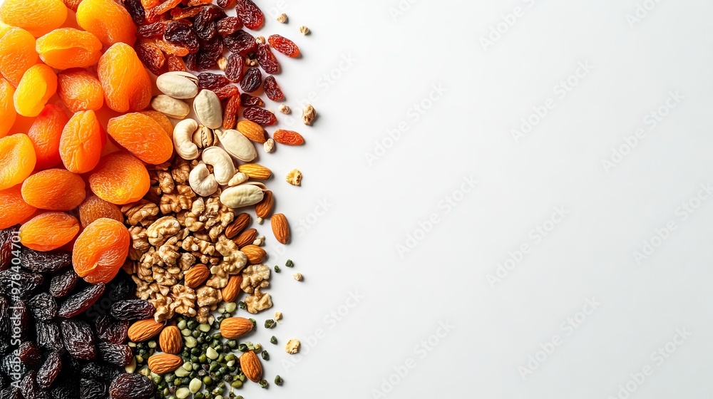 Fototapeta premium 49. Close-up view of an assortment of dried fruits and nuts, including vibrant dried apricots and various nuts, arranged on a white background with copy space