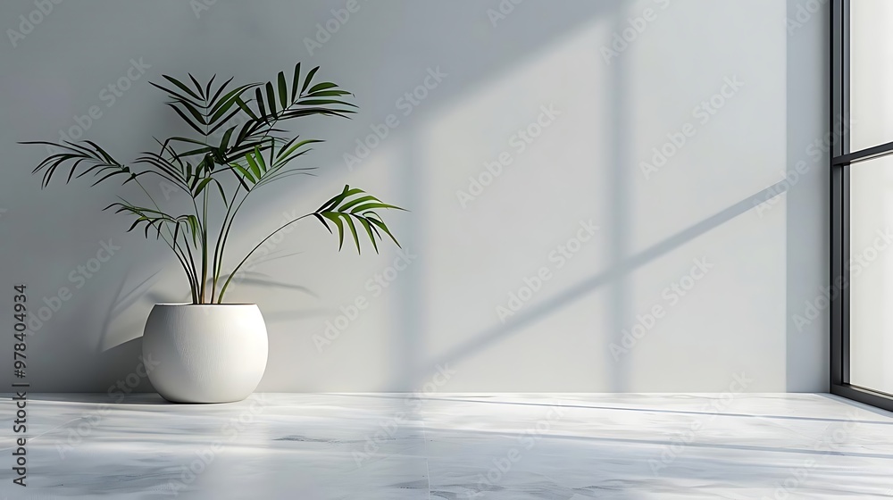 A minimalist interior featuring a potted plant and natural light. A minimalist interior featuring a potted plant and natural light.
