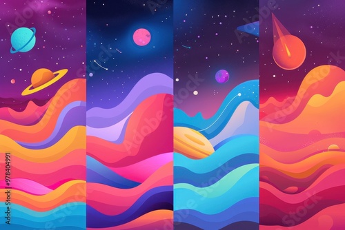 Cosmic Journey Banner Templates, a collection of vibrant vector illustrations capturing the essence of space exploration, featuring celestial bodies, spacecraft, and cosmic landscapes.