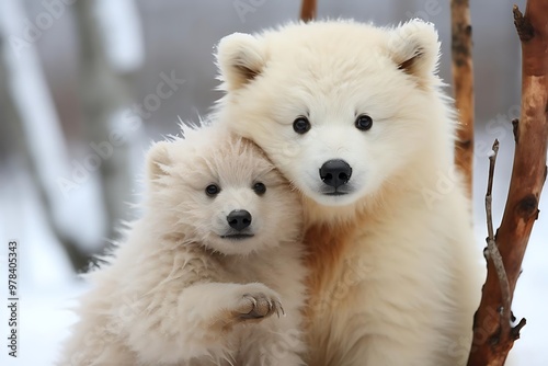 A heartwarming scene of a polar bear and its cub in a snowy environment.