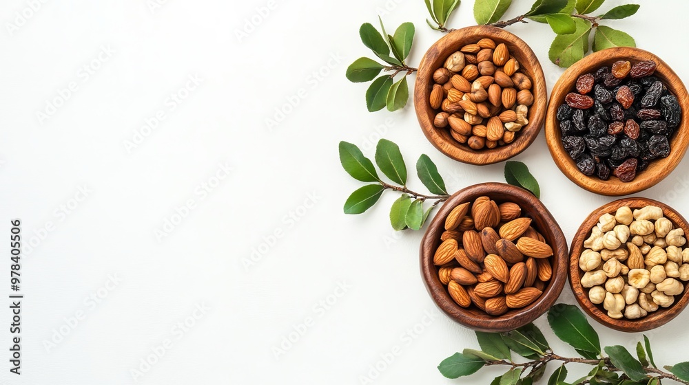 62. High-angle view of a mix of dried fruits and nuts on wooden plates, with a branch of young green leaves, isolated on a white background, symbolizing the Jewish holiday Tu Bishvat 62. High-angle view of a mix of dried fruits and nuts on wooden plates, with a branch of young green leaves, isolated on a white background, symbolizing the Jewish holiday Tu Bishvat