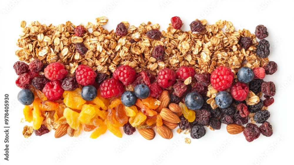 68. High-angle view collage of sweet granola mixed with a variety of dried fruits, nuts, and fresh berries, isolated on a white background, perfect for a vibrant and nutritious presentation 68. High-angle view collage of sweet granola mixed with a variety of dried fruits, nuts, and fresh berries, isolated on a white background, perfect for a vibrant and nutritious presentation