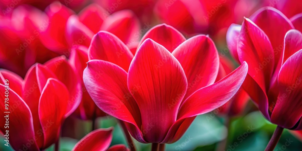 Fototapeta premium Vibrant red petals of a Caucasian cyclamen flower in ultra macro , blooming, delicate, close-up, nature, floral, vibrant, beauty