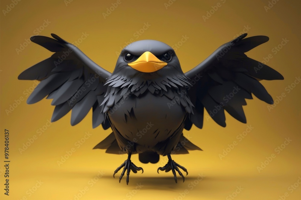 Fototapeta premium Cartoon Black Bird With Yellow Beak Spread Wings
