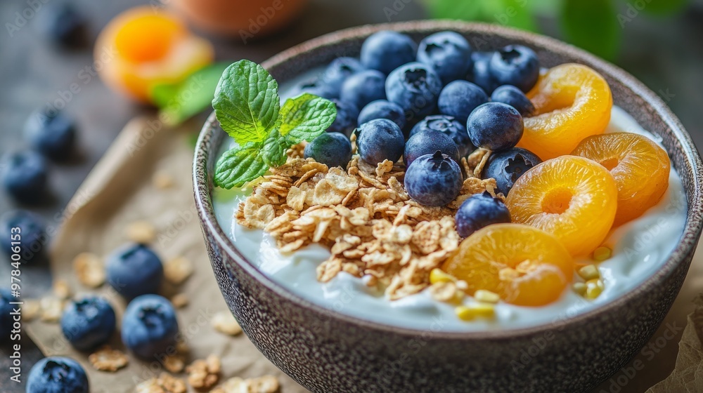 76. Close-up of a bowl of yogurt topped with fresh blueberries, corn flakes, and apricots, set on a textural brown surface, highlighting the vibrant colors and textures 76. Close-up of a bowl of yogurt topped with fresh blueberries, corn flakes, and apricots, set on a textural brown surface, highlighting the vibrant colors and textures