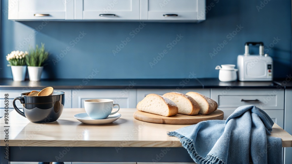 Cozy kitchen table with fresh bread and coffee on one side, leaving room for copy, warm atmosphere, [kitchen table copy space], [homey kitchen setting]