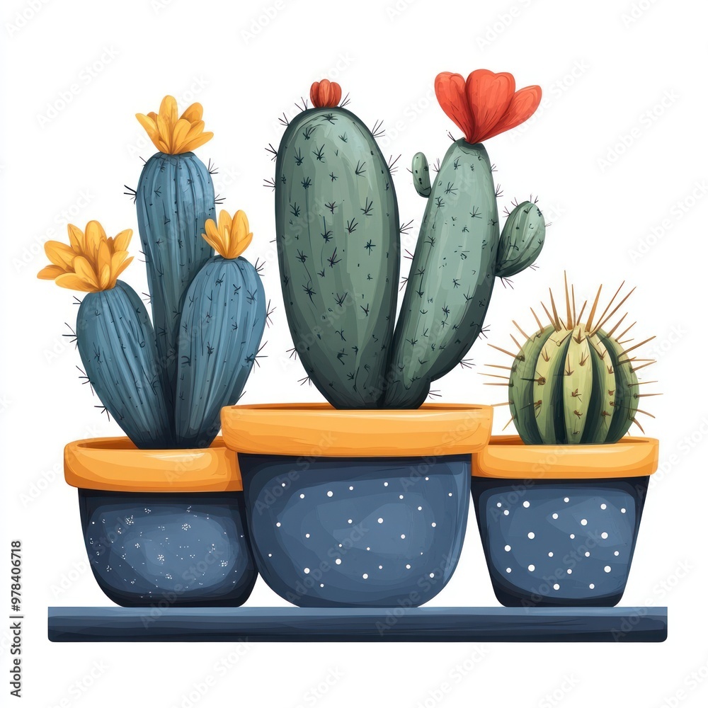 Cactus Illustration in Pots with Yellow and Red Flowers Cactus Illustration in Pots with Yellow and Red Flowers