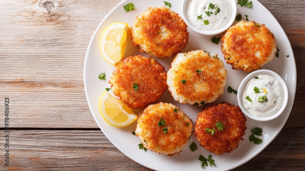 86. Top view of golden-brown fish cod potato cakes arranged on a white plate, served with dipping sauces and lemon wedges, on a rustic wooden table 86. Top view of golden-brown fish cod potato cakes arranged on a white plate, served with dipping sauces and lemon wedges, on a rustic wooden table