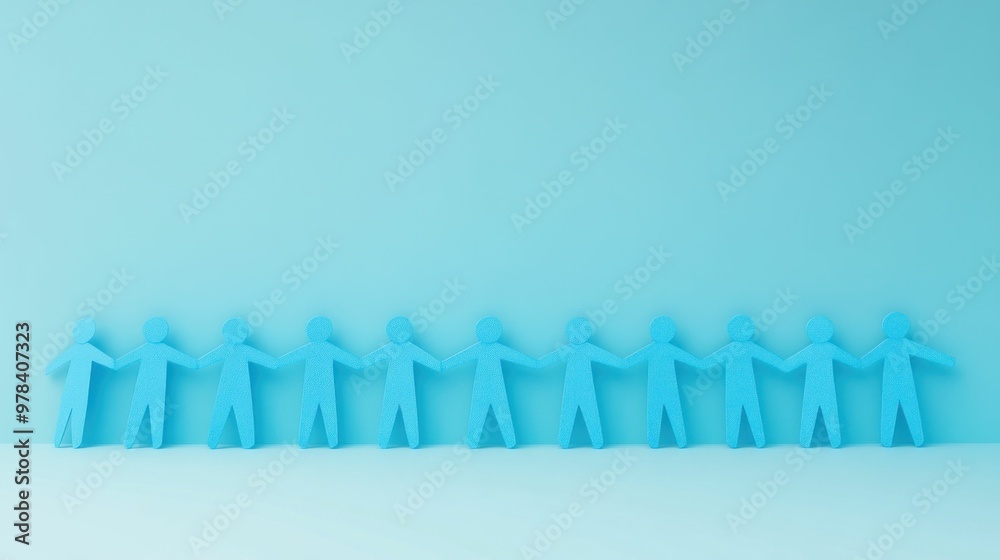 Obraz premium Blue paper cutout figures standing together, representing unity, teamwork, and cooperation, against a light blue background that symbolizes calmness and optimism