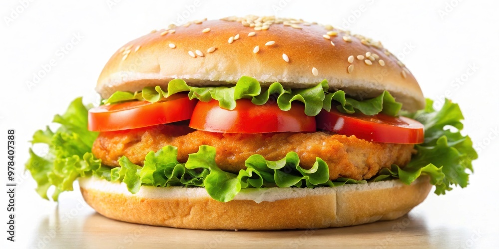 Delicious chicken sandwich on a soft bun with fresh lettuce and juicy tomato , food, sandwich, chicken, lettuce, tomato, bun, soft Delicious chicken sandwich on a soft bun with fresh lettuce and juicy tomato , food, sandwich, chicken, lettuce, tomato, bun, soft