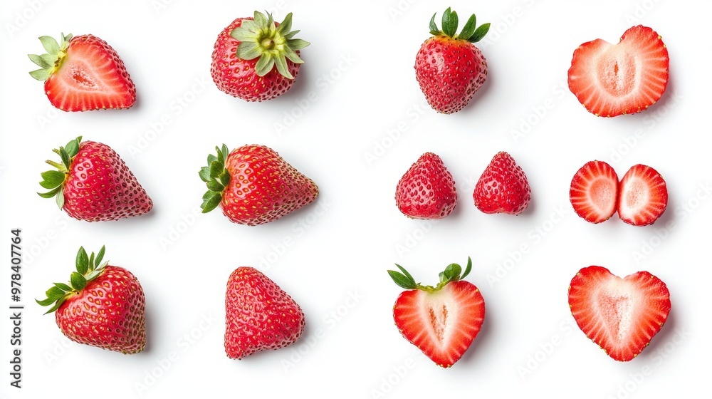 101. Collection of strawberries shown from various angles including top, side, front, sliced, halved, and group views, isolated on a white background, perfect for a mockup template for graphic design 101. Collection of strawberries shown from various angles including top, side, front, sliced, halved, and group views, isolated on a white background, perfect for a mockup template for graphic design