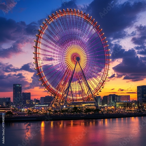 Osaka's bayside area illuminated by the beautiful light of the setting sun ,One of the largest Ferris wheels in Japan ,Tempozan