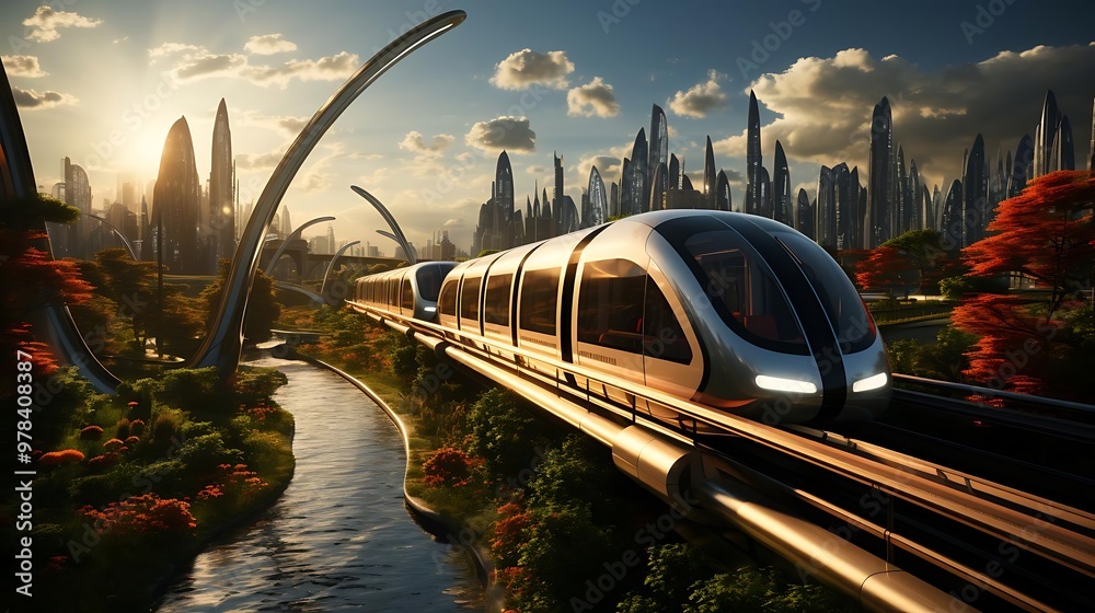 Naklejka premium A futuristic train traveling through a vibrant landscape at sunset.