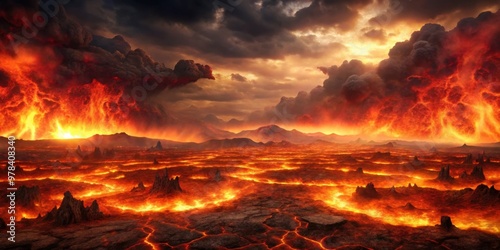 Wide shot of a dark, fiery landscape representing hell , inferno, flames, underworld, sins, punishment, demonic, torment, devil photo