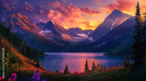 A stunning sunset over snow-capped peaks and a serene lake evokes tranquility and nature’s beauty.