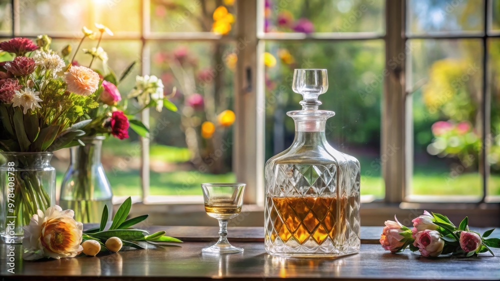 Decorative liquor decanter displayed on table with flowers next to window, alcohol, drink, glass, luxury, elegant Decorative liquor decanter displayed on table with flowers next to window, alcohol, drink, glass, luxury, elegant