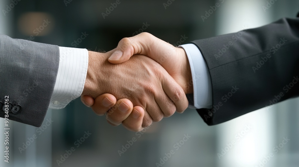 Two business professionals engage in a firm handshake, symbolizing partnership and agreement in a corporate environment.