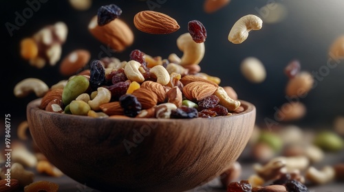Fototapeta Naklejka Na Ścianę i Meble -  117. High-angle shot of mixed nuts and dried fruits flying upwards from a wooden bowl, with a dynamic sense of motion and variety of textures