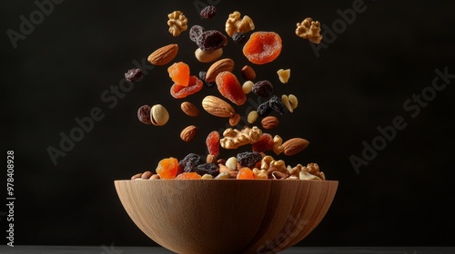 Fototapeta Naklejka Na Ścianę i Meble -  119. Artistic composition showing dried fruits and nuts seemingly levitating above a wooden bowl, creating a visually engaging display of healthy snacks