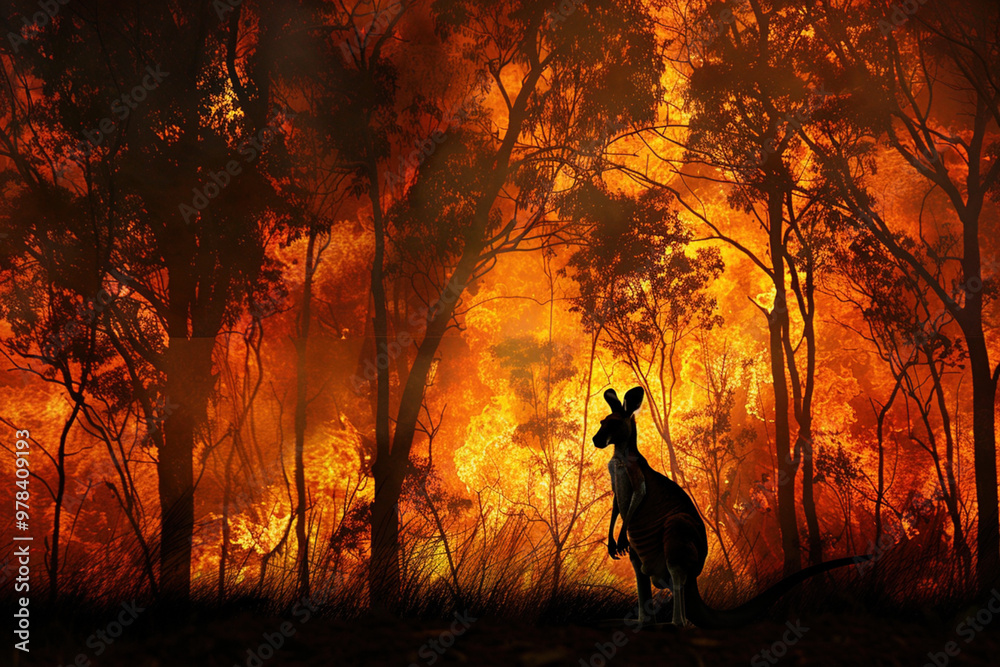 Natural disaster, drought and wildfire concept. Silhouette of kangaroo in burning forest. Climate change and global warming Natural disaster, drought and wildfire concept. Silhouette of kangaroo in burning forest. Climate change and global warming