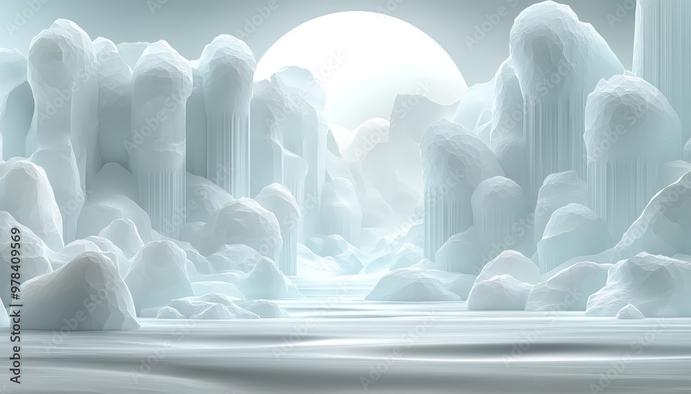 Obraz premium Crystalline Glacial Landscape with a Bright Orb in the Sky