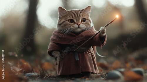 A whimsical cat dressed as a wizard, holding a glowing wand in a magical forest setting, perfect for fantasy lovers. photo