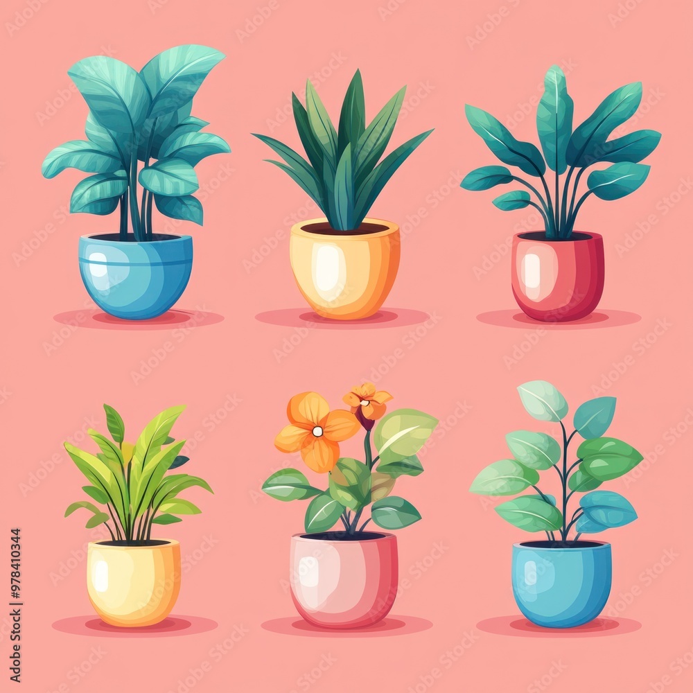 Colorful Illustration of Potted Plants with Green Leaves Colorful Illustration of Potted Plants with Green Leaves