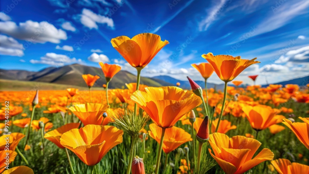Obraz premium Vibrant California poppies blooming in a beautiful poppy field, wildflowers, orange, sunny, springtime, floral, landscape