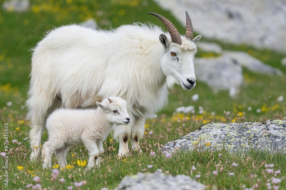 A mother mountain goat stands protectively over her kid in a field of wildflowers. A mother mountain goat stands protectively over her kid in a field of wildflowers.