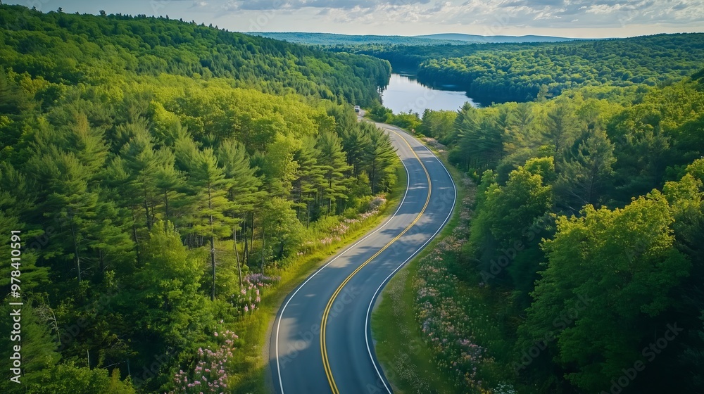 A winding road through a forest, bright flowers, and a serene lake create a tranquil, scenic view. A winding road through a forest, bright flowers, and a serene lake create a tranquil, scenic view.