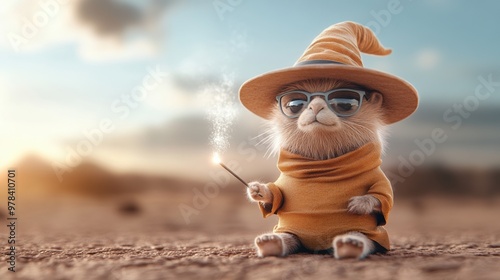 A whimsical creature dressed as a wizard, complete with a hat and glasses, casting magic in a surreal landscape at sunset. photo