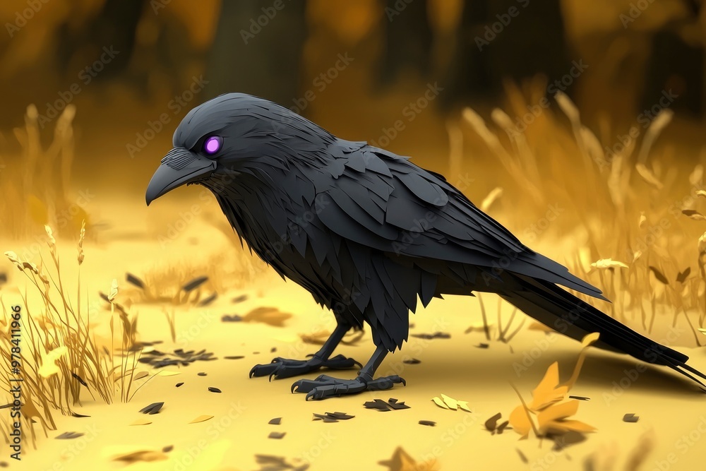 Naklejka premium Raven with glowing purple eyes in a field of yellow grass