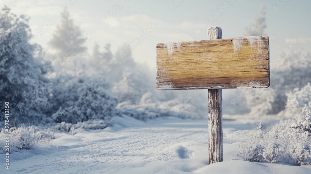 Fototapeta premium Wooden brown plank sign in winter road guiding direction of destination