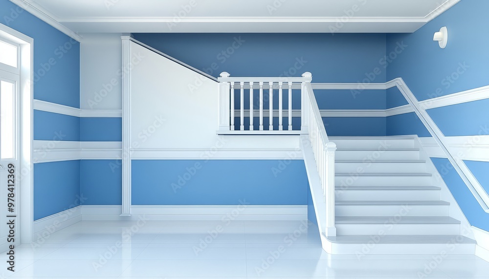 Fototapeta premium Modern White Staircase with Blue Walls and White Trim