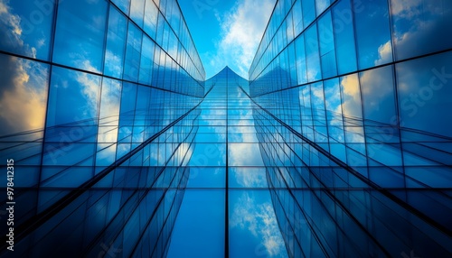 Blue Glass Facade Reflecting a Cloudy Sky