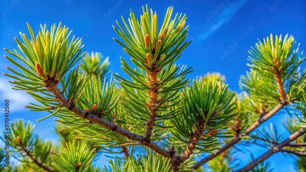 Close-up of Pitsunda pine branches against a blue spring sky, Pitsunda pine, Pinus brutiapityusa, Calabrian pine, Turkish pine Close-up of Pitsunda pine branches against a blue spring sky, Pitsunda pine, Pinus brutiapityusa, Calabrian pine, Turkish pine