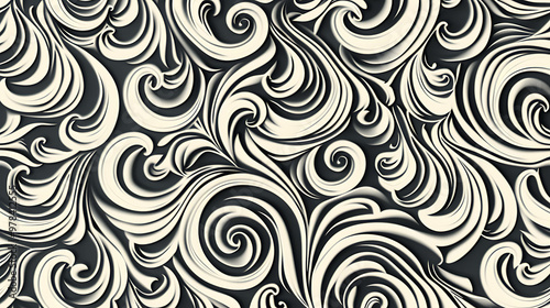 Abstract seamless pattern with swirling white lines on a black background.