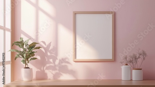 Blank white frame board on pink wall and plant interior home aesthetic decoration