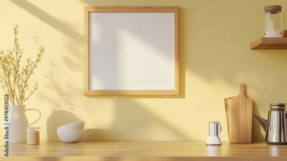 Blank white frame board on yellow wall and plant interior home aesthetic decoration Blank white frame board on yellow wall and plant interior home aesthetic decoration